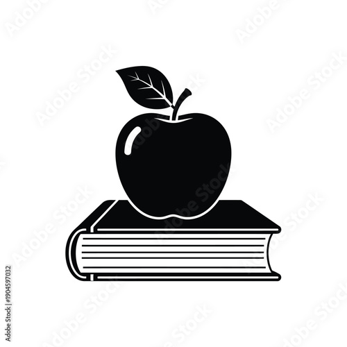 A black and white illustration of an apple sitting on top of a book