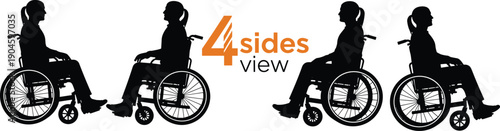 Wheelchair user silhouettes shown from four side views, disabled woman mobility positions, accessibility and inclusive lifestyle concept isolated on white background