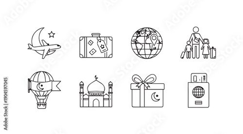Islamic Travel Icons: Airplane, Mosque, Passport, Suitcase, Gift, Globe