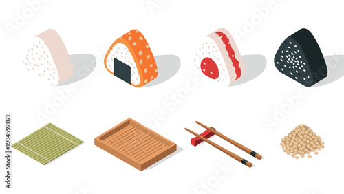 Isometric japanese cuisine elements with onigiri, chopsticks, and sushi mat