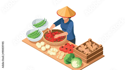 Isometric asian market vendor arranging fresh produce with traditional hat