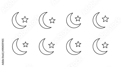 Moon and Star Icons Set - Simple Line Art - Isolated on White - Vector Graphic