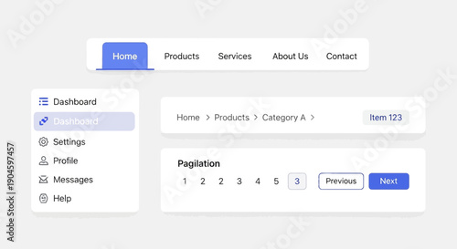 Modern UI elements: navigation, dashboard, pagination, breadcrumbs