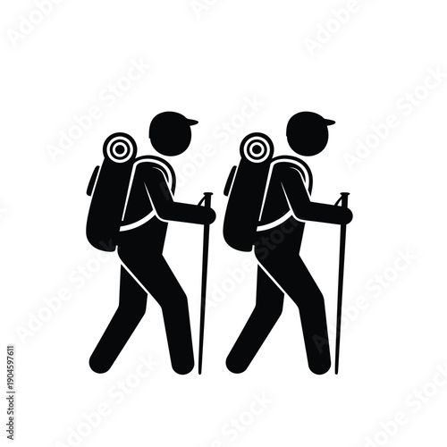 Two hikers walking with backpacks and trekking poles in a black silhouette
