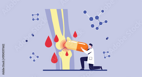 Doctor treats bone joint pain with medication. Medical illustration. Flat vector art. Healthcare concept.
