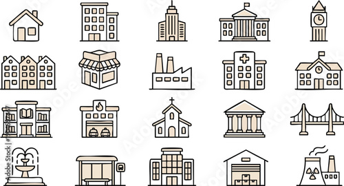 Collection of Various Architectural Building Icons.