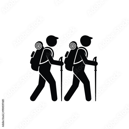 Two hikers walking with backpacks and trekking poles in a vector illustration