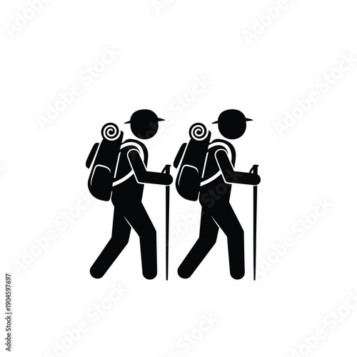 Black silhouette of two hikers walking with backpacks and trekking poles