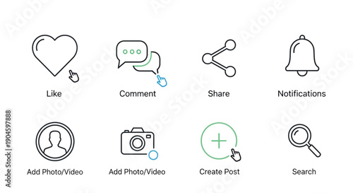 Social Media Icons: Like, Comment, Share, Notifications, Post, Search