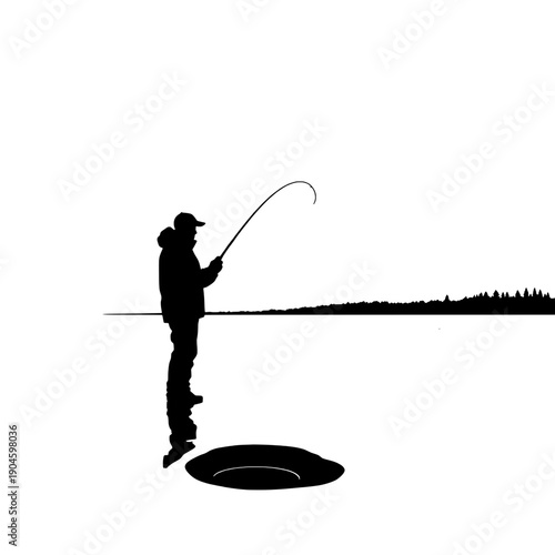 Ice Fishing Silhouette: Angler Casting Rod on Frozen Lake