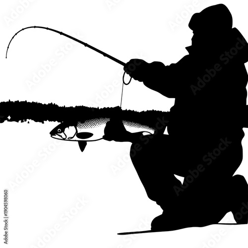 Ice Fishing Silhouette: Fisherman with Fish