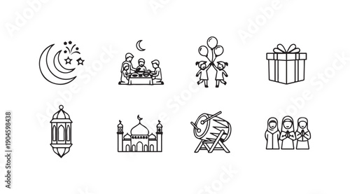 Ramadan Icons Collection: Crescent Moon, Family Iftar, Kids, Gift, Mosque, Drum, People - Line Art