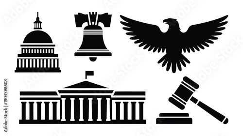 American Government and Justice Symbols, Capitol Building White House Liberty Bell Bald Eagle Gavel, Representing Law Freedom National Heritage, Clean Vector Illustration.
