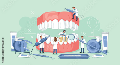 Dental Care Team. Oral Health Treatment. Flat Vector Illustration. Dental Clinic Concept.