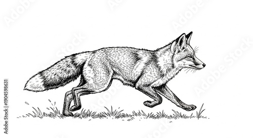 Detailed Sketch of a Running Fox in Grassy Field.