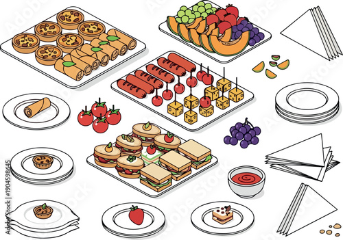 A diverse spread of catering appetizers and snacks, including mini sandwiches, spring rolls, sausages, tarts, and fruit platters
