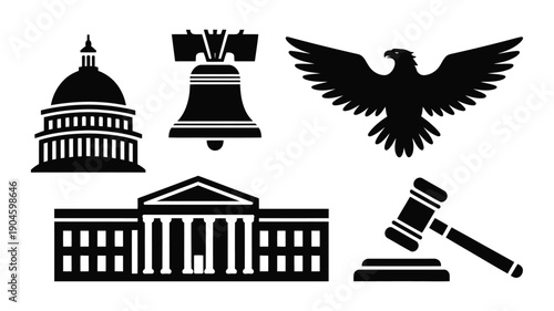 American Government and Justice Symbols, Capitol Building White House Liberty Bell Bald Eagle Gavel, Representing Law Freedom National Heritage, Clean Vector Illustration.
