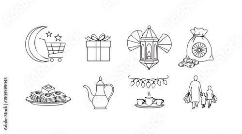 Ramadan Icons Collection: Moon, Shopping Cart, Gift, Lantern, Money Bag, Food, Tea Set, Lights, People