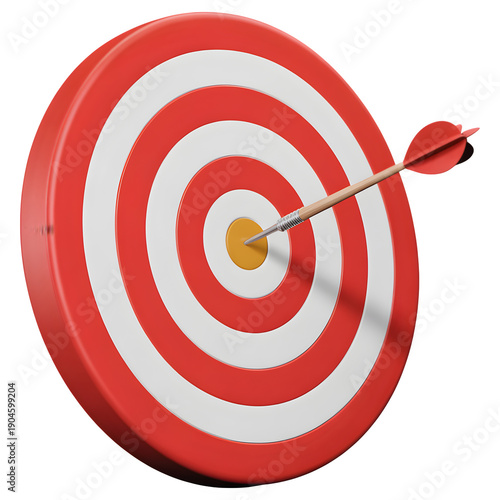 3D red and white target with arrow hitting bullseye close-up isolated on transparent background