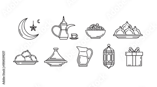 Ramadan Icons: Crescent Moon, Dates, Coffee Pot, Lantern, Gifts and Desserts Line Art