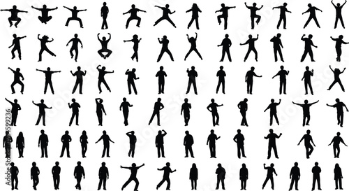 Collection of dynamic human silhouettes in various poses and actions, black vector illustration set ideal for design, sports, movement concepts, presentations, and creative projects