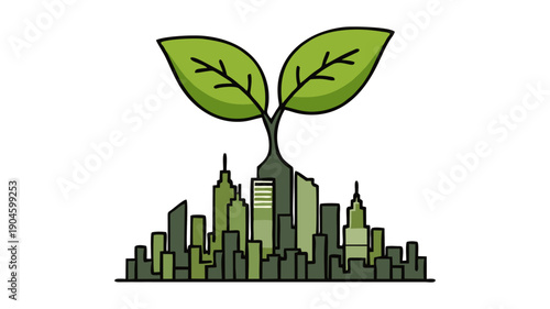 Illustration of an eco-friendly green city with urban buildings and a plant sprouting from the center, symbolizing sustainability, clean energy, environmental protection