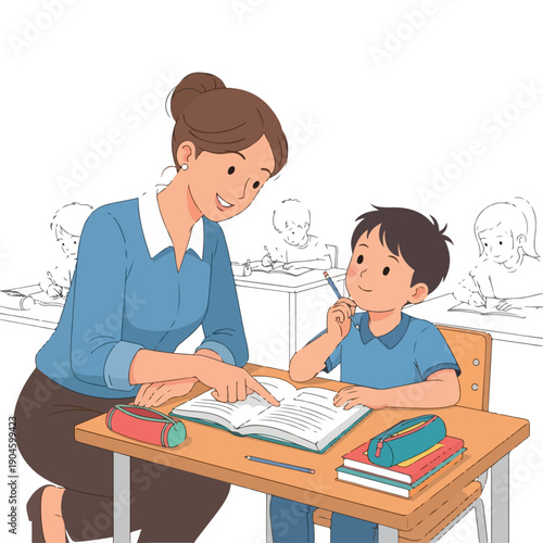 Fotografie A teacher helps a student with a lesson in a classroom setting