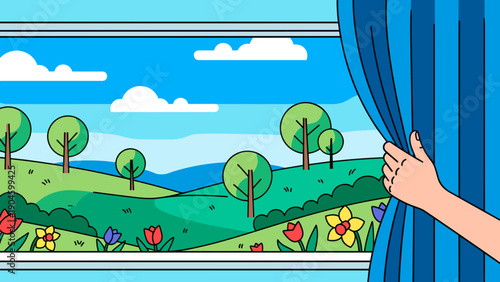 Illustration of hands opening curtains, morning light entering room. Home interior and daily routine concept.