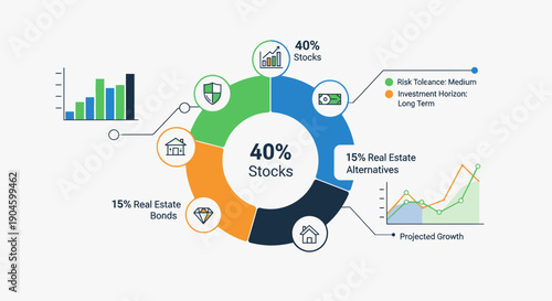 Investment portfolio pie chart with financial growth graphs