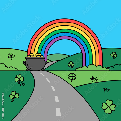 Rainbow at the end of the road illustration, colorful landscape with path and hope symbol. Nature and optimism concept.
