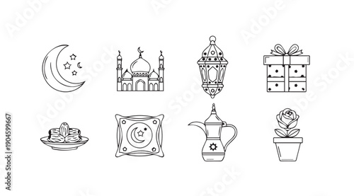 Ramadan Icons: Crescent Moon, Mosque, Lantern, Gift, Sweets, Pillow, Coffee Pot, Rose - Vector Line Art