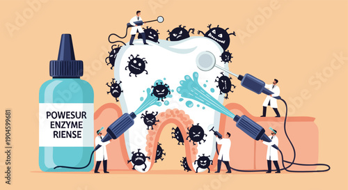 Dental hygiene concept. Tooth cleaning illustration. Germ removal flat design. Medical science.