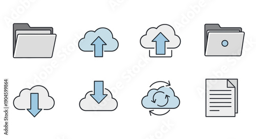 Cloud Computing Icons: Folder, Upload, Download, Sync, Document