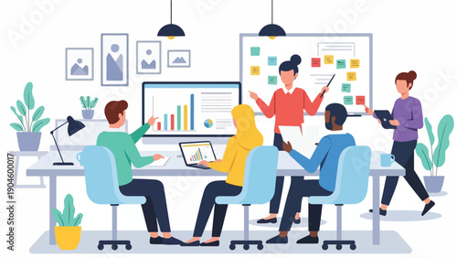 A team is in a meeting at their office, analyzing data on a screen