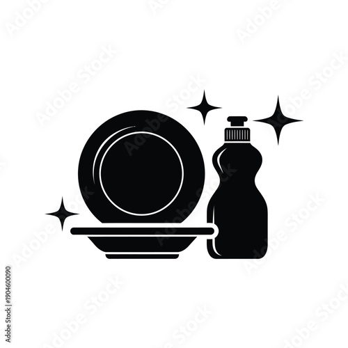 Black silhouette of a plate and dish soap bottle with sparkles