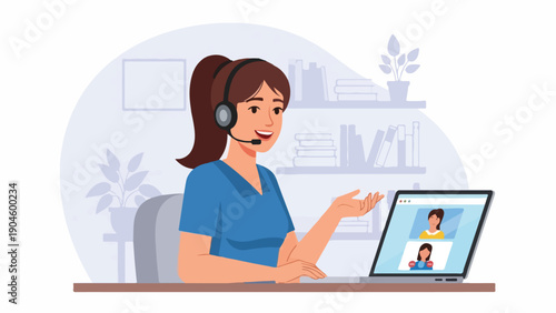 A woman in a video call with a headset, sitting at a desk with a laptop