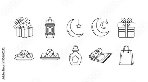 Ramadan Icons Set: Gifts, Lantern, Crescent Moon, Dates, Prayer Mat, Bag