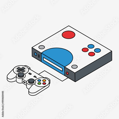Simple illustration of a video game console and controller.