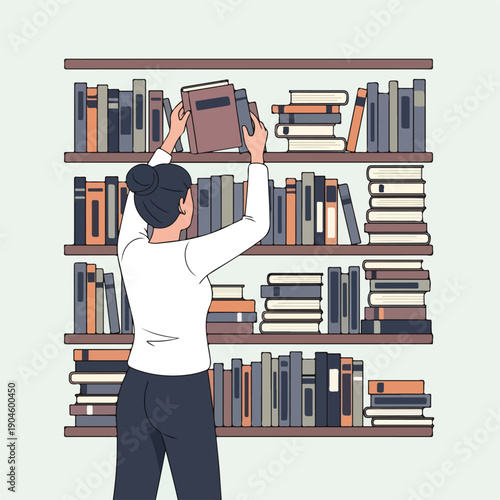A woman in front of a bookshelf is retrieving a book