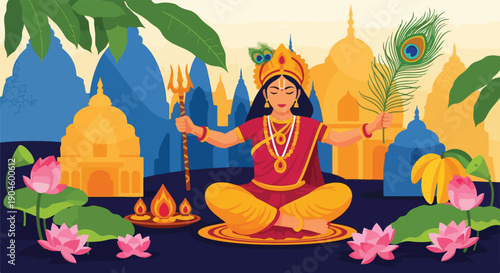 A woman in traditional attire, meditating with religious items