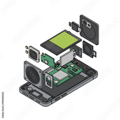 Smartphone exploded view illustration showing internal components and circuit board.