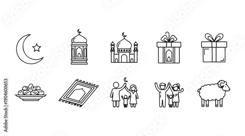 Ramadan Icons Set: Moon, Mosque, Gifts, Family, Dates, Prayer Rug, Sheep