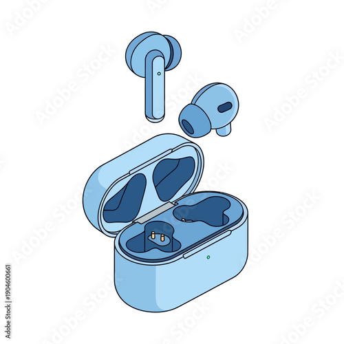 Wireless earbuds in a charging case with one earbud removed and displayed separately.