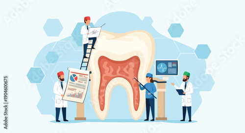 Dental Research Concept. Tooth Examination. Flat Illustration. Healthcare and Stomatology.