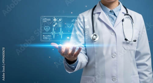Medical professional holding a futuristic digital health interface with holographic displays