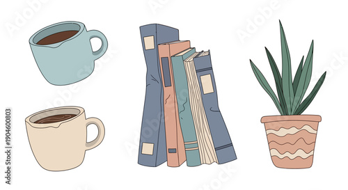 Coffee Cups Books and Potted Plant Illustration.