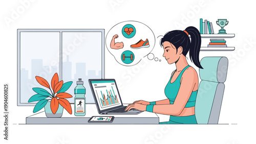 A woman is thinking about fitness while working on a laptop