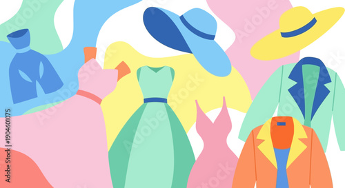 Colorful Fashion Hats and Clothing Illustration.
