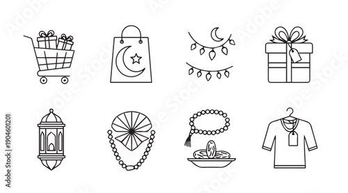 Ramadan Shopping Icons: Gifts, Lantern, Dates, Moon, and Clothing on Hanger