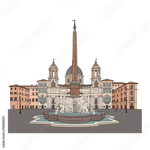 A vectorized illustration of a landmark, including obelisk and fountain
